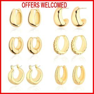 Chunky Hoop Earrings Set 14K Gold Plated Hypoallergenic Huggie Hoops